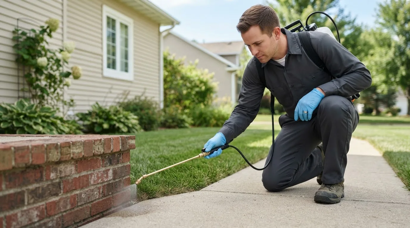 Pest control technician treating a home near Villanueva, NM